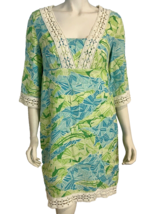 Lilly Pulitzer Blue, Green Floral Print V neck 3/4 Sleeve Lined Dress Size 4 - £44.63 GBP