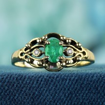 9K Yellow Gold Natural Emerald Diamond Prong Set Vintage Style Engagement Ring - $650.00