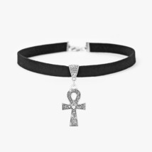 Black 10mm Flat Faux Suede Cord Egypt Ankh Cross Charm Choker 13 inches Necklace - £12.97 GBP