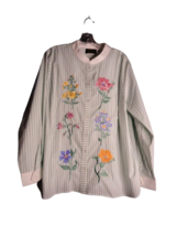 Bob Mackie Green White Striped Floral Wearable Art Spring Button Up Size XL - £17.39 GBP