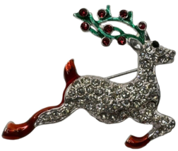 Reindeer Brooch Pin Vintage Christmas Jewelry Unsigned Rhinestones Holly Antlers - £11.95 GBP