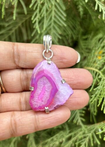 925 Sterling Silver Plated, PINK Druzy Geode Agate Stone Pendant, Healin... - $12.73