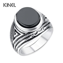Hot Fashion Vintage Black Rings Men Jewelry Silver Color Big Size Oval Resin Men - £6.28 GBP