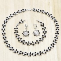 Black Flower Shape Zirconia  Silver Color Wedding Jewelry Sets for Women Necklac - £43.43 GBP