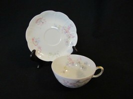 Haviland Limoges France Coffee Cup &amp; Saucer Blue Flowers with Pink &amp; Gold - £6.71 GBP