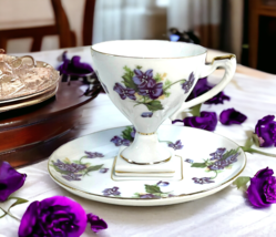 Purple Violets Square Footed Flower Tea Cup And Saucer Hand Painted Vintage - £32.85 GBP
