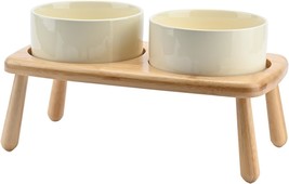 Raised Dog Bowls Ceramic Dog Bowls Elevated With Non-Slip Wooden Stand Dog Food  - £32.33 GBP