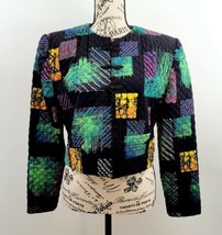 Doncaster Quilted Black Cropped Multicolor Patch Toggle Jacket Sz 10P - £31.96 GBP