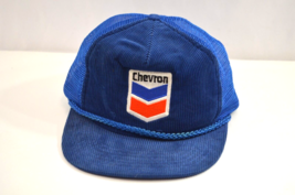 Chevron Gas Oil Corduroy Snapback 1980s Hat Blue Mesh Vintage Trucker Cap - $33.85