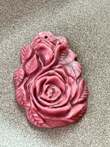 Finely Carved Pink Rose w Bud &amp; Tiny Leaves Stone Pendant or Other Use – 1 and 3 - £29.93 GBP