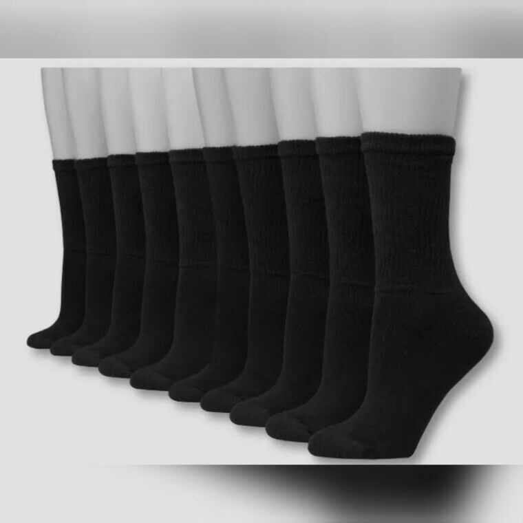 Hanes Women's 10 Pair Cushioned Extend Size Black Crew Athletic Socks 8-12 - $12.55