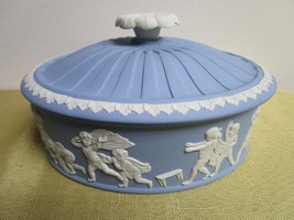 Wedgewood Blue Jasperware Greek Decor, Oval Covered Trinket Original [91] - $112.69