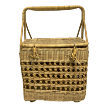 Vintage Wicker Rattan Straw Picnic Basket with Wine Compartments Holders - £28.37 GBP