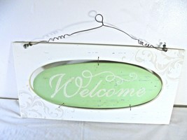 Welcome Sign Plaque Front Door Wall Decor Wood beige green sparkly distr... - $11.82