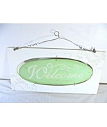 Welcome Sign Plaque Front Door Wall Decor Wood beige green sparkly distr... - $11.82