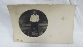 AZO B &amp; W 1904 - 1918 Round Photo Postcard Man with Tennis Rachet RPPC - £2.32 GBP