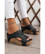 Black Hollow Out Studded PU Leather Wedge Slippers - $587.05 MXN
