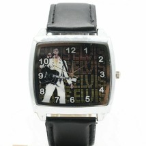 Elvis Presley Vegas Watch Big Square Wrist Stainless Men Black Leather Music CD - £22.37 GBP