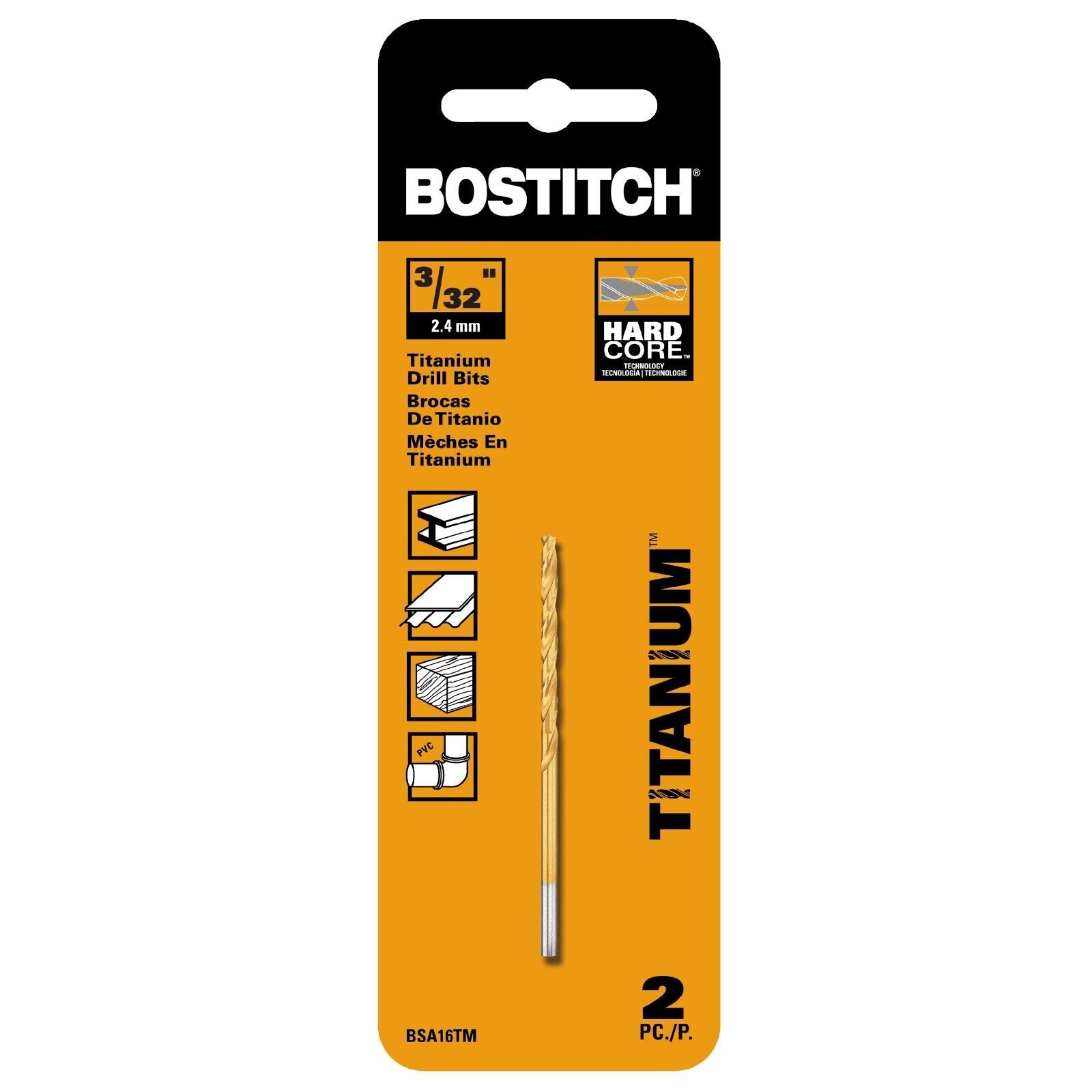 Bostitch Titanium Drill Bits, 3/32" 2.4mm, 2 Pack, BSA16TM, Wood & PVC - $6.59