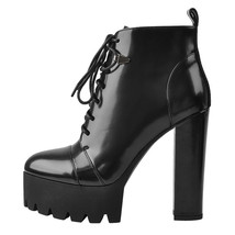 Platform Lace Up Round Toe Black white Patent Leather  Chunky  High Heels Ankle  - £102.50 GBP