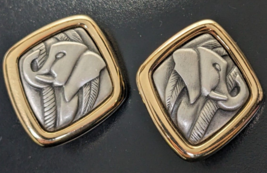LR Lady Remington Clip On Earrings 80&#39;s Art Deco Elephants - Pewter &amp; Gold Tone - £14.78 GBP