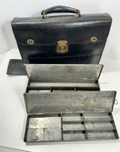 Antique Leather Tool Box Crest Lock Co K Line With Tin Metal - $78.30