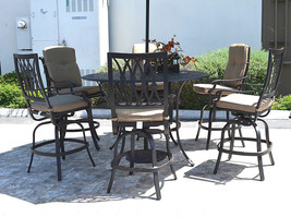 Outdoor bar set 7 piece cast aluminum furniture Grand Tuscany 60&quot; round table - £2,536.24 GBP