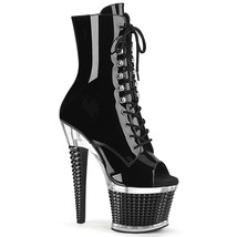 PLEASER 7&quot; Heel Textured Platform Open Toe Lace Up Black Patent  Ankle Boots - £71.62 GBP