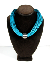 Vintage Necklace Multi Strand Bright Blue Cords Brushed Stainless Steel Bead 18&quot; - £15.00 GBP
