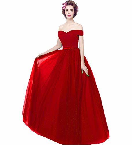 Women Off The Shoulder Tulle Long Pleats Evening Prom Dress with Sash Red US 12