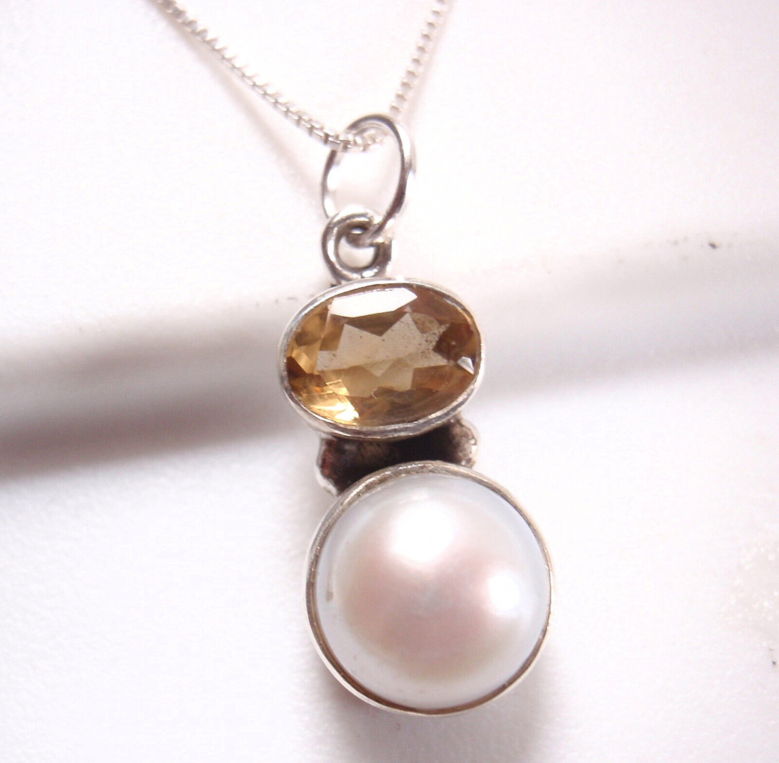 Faceted Citrine and Cultured Pearl Double Gem 925 Sterling Silver Pendant
