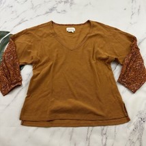 Anthropologie Thermal Knit Top Size M Orange Floral Print Puff Sleeve V-Neck - £22.12 GBP