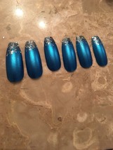 Metallic aqua blue Matte Glitter Long Coffin False Nails - $7.92