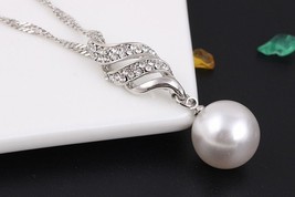 Crystal Big Simulated Pearl Jewelry Set Necklace + Earrings - £9.82 GBP