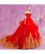 	Fashion Bateau short sleeve Floor length chapel train dress Applique Be... - $188.00