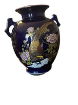 Vintage Japanese Porcelain Flower Vase Floral Bird Pheasant Gold Blue Cobalt - $32.73