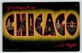 Greetings From Chicago Nighttime Illinois Large Letter Postcard Linen Curt Teich - £8.38 GBP