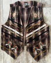 Vintage HG NY Embroidered Western Boho Open Front Flannel Vest Size Large - £14.94 GBP