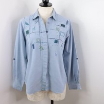 Napa Valley Petites Women&#39;s M Blue Embroidered Leaf Button-Up Roll-Tab Shirt - £5.98 GBP