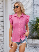 Ruffled Pocketed Collared Neck Cap Sleeve Denim Top - £33.10 GBP