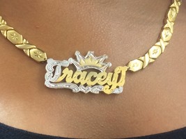 14k Gold Overlay Double Name Necklace xoxo chain 3D Personalized /crown2 - £54.91 GBP