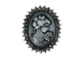 Vintage Cameo Brooch Black Gray Lady Portrait Pin Rhinestone Frame 2” - $24.30