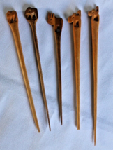 VTG 5 Hand Carved Wood Appetizer Cocktail Olive Picks Safari Animals 5&quot;-7&quot;Tall - £5.37 GBP