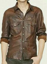 Men&#39;s Soft Leather Slim Fit  Shirt - Mens Genuine Lambskin Vintage leather shirt - £120.54 GBP