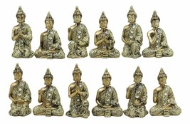 Golden Miniature Meditating Buddha Amitabha Many Mudra Poses Figurine Set of 12 - £41.69 GBP