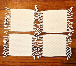 Vintage Placemats Knit Crocheted Fringe Rectangle Cream Beige 8x5 - £14.70 GBP