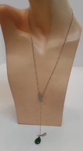 Silvertone Leaf, Green Bead Faux Peal Beaded Slider Necklace 26&quot; Unbranded - £15.73 GBP