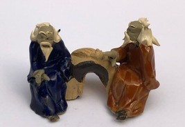 Ceramic Figurine Two Men Sitting On A Bench - 2&quot; Playing Musical Instrum... - £6.21 GBP