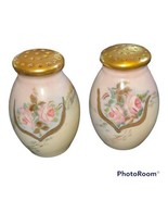 Vintage Floral Salt &amp; Pepper Shakers Painted Gold Top Cork Stopper Sharp - $15.76