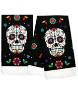 2pc SET-SUGAR SKULL HAND TOWELS Day-of-the-Dead Halloween Bathroom Kitch... - £6.83 GBP